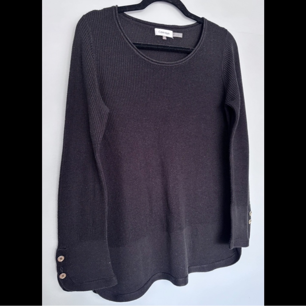 Calvin Klein Black Knit Sweater with Gold Button Accents – Size Small